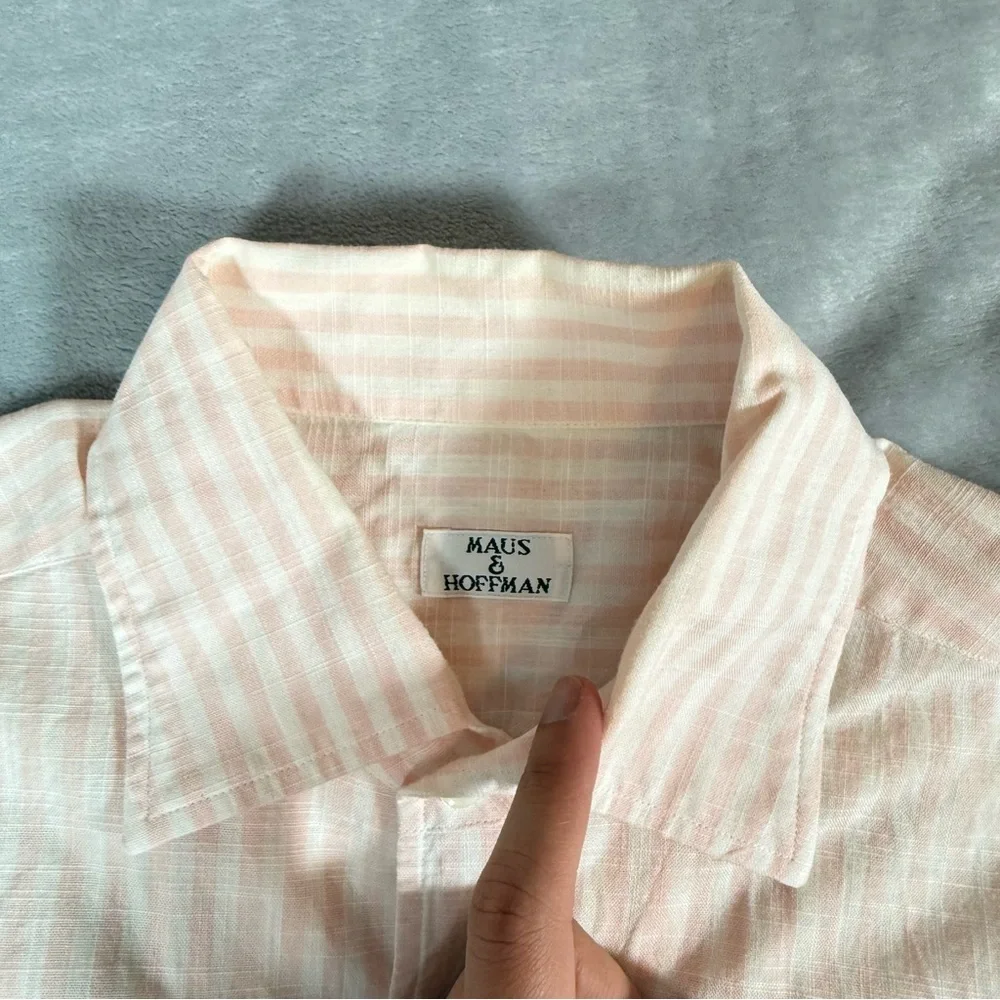 Vintage Maus & Hoffman Cotton Striped Button Shirt Mens Medium Pink 80s - Picture 4 of 11